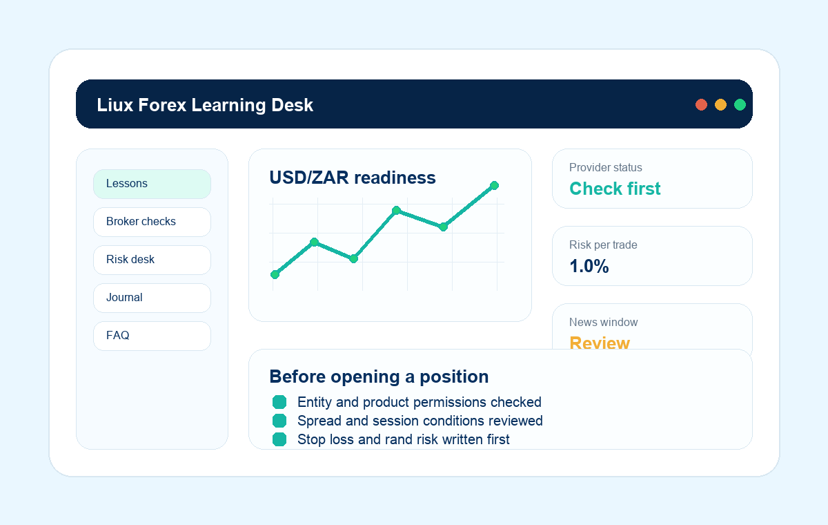 Illustration of a forex risk dashboard with broker checks and a USD/ZAR trading plan