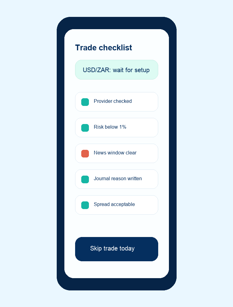 Mobile trading checklist interface for South African forex traders